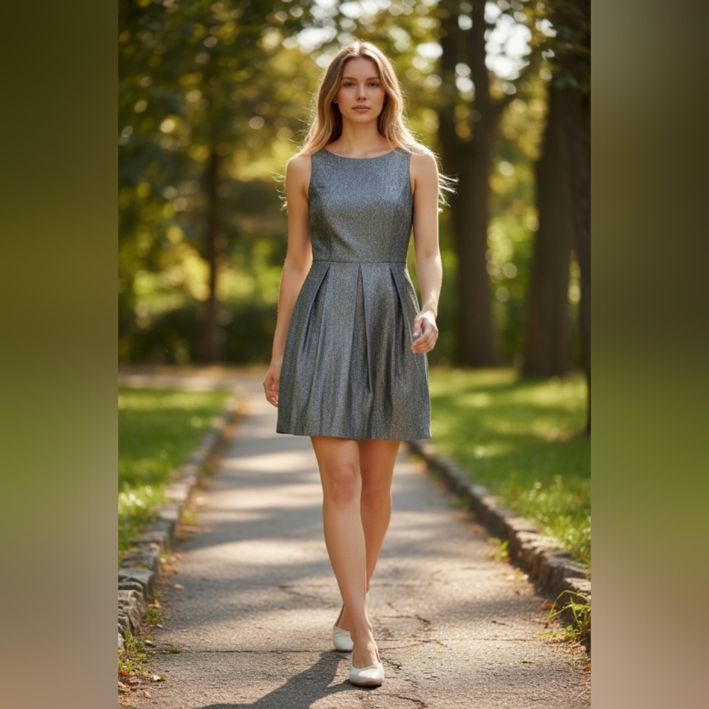 WHITE HOUSE BLACK MARKET Women's Sleeveless Metallic Gray Pleated Dress SIZE 0